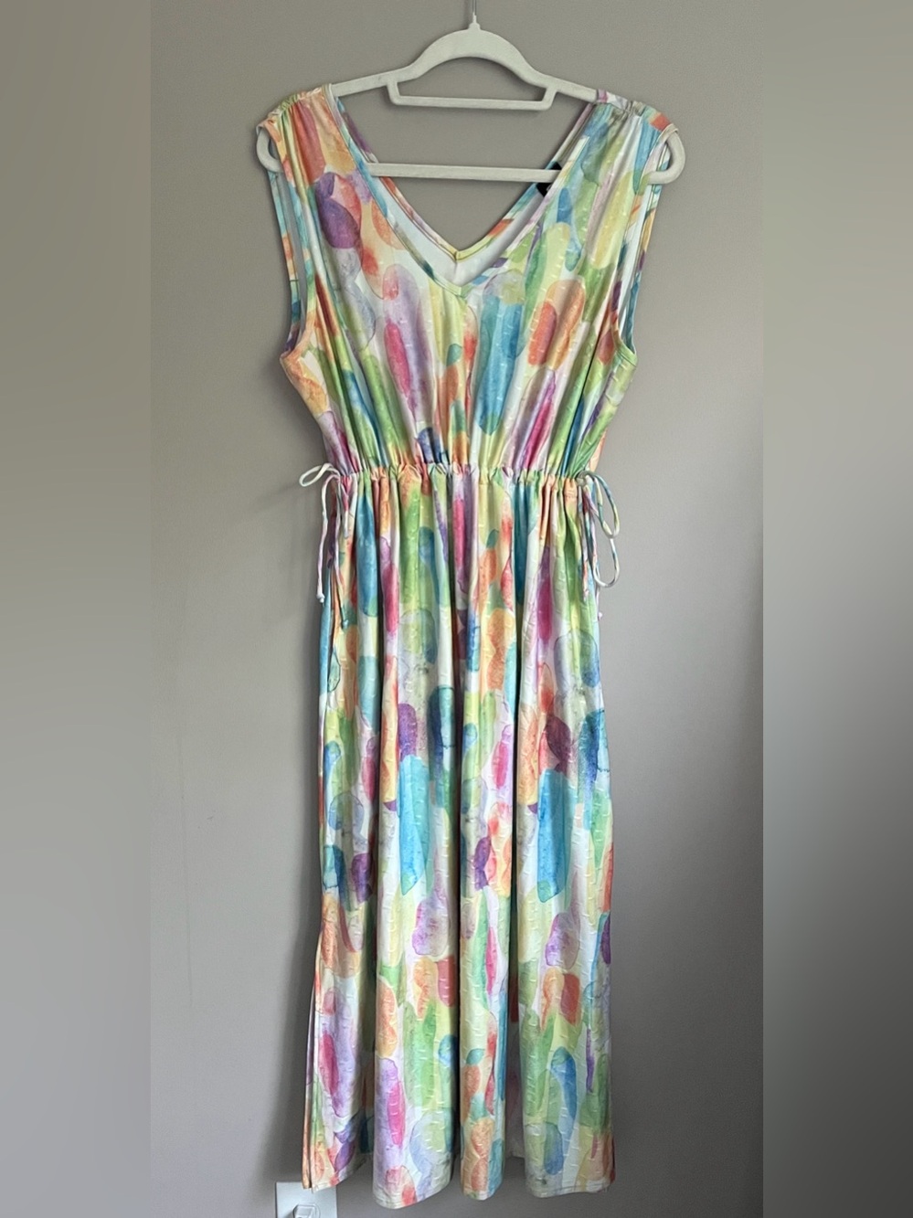 Pure Essence Pastel Orange Yellow Watercolor Midi Sleeveless Dress large